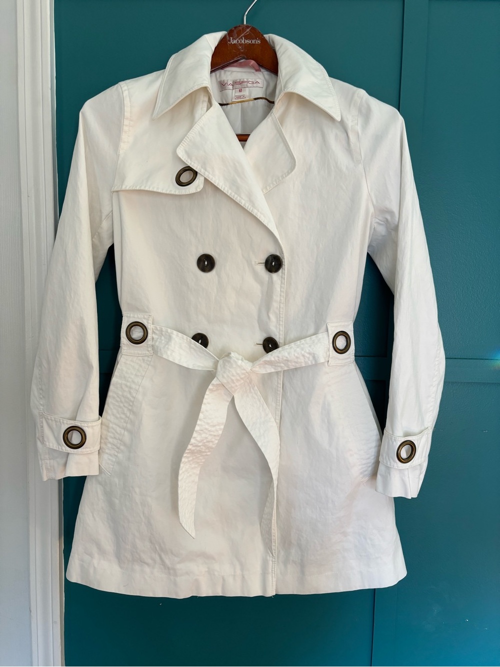 Via Spiga White Women's Double-Breasted Trench Coat 100% Cotton Shell Size 10